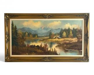 16 SignedOriginalMountainLakeLandscapeOilPaintingBelgianFrame