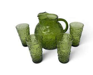 79 AnchorHockingStyleAvocadoGreenCrinkleGlassPitcher4Tumblers