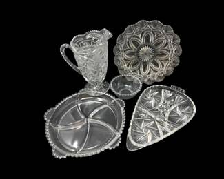 186 VintagePressedCrystalGlassPitcherBowlServingTrays5Pcs