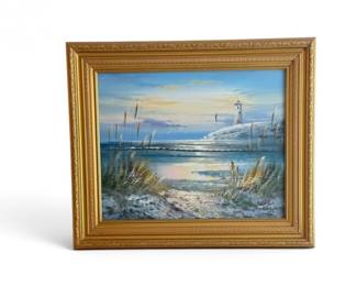 36 SignedCoastalLighthouseOilPaintinginGoldFrame