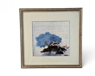 68 FramedAsianVillageLandscapewBlueTreeFishingBoats