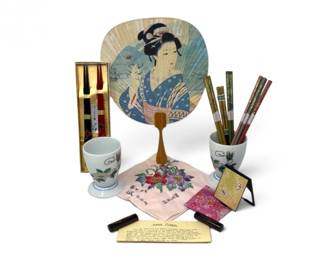 194 JapaneseDecorativeCollectionFanChopsticksCupsMirrorMore