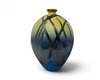 71 SignedStudioPotteryVaseBlueYellowBlackGlazed