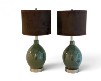 60 PairofGreenGlazedCeramicTableLampswFauxSuedeShades