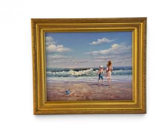 17 PWatkinsSignedSeasideChildrenOilPaintingGoldWoodFrame