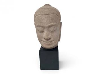 61 KhmerStyleStoneHeadSculptureonWoodPedestal