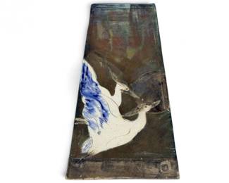 80 RakuCeramicWallHangingwCopperCraneMetalEmbellishment