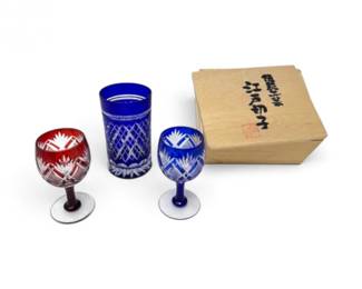 189 EdoKirikoNanakoPatternCutCrystalGlassSetwWoodBox