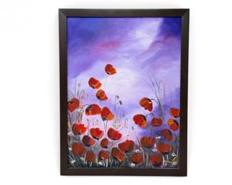 108 SignedOriginalPoppyFloralOilPaintinginWoodFrame