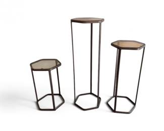 175 Setof3MetalPlantStandswGlassTopsHexagonalDesign