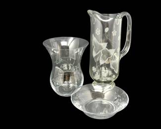 180 VintageEtchedStrawberryGlassPitcherVaseBowlSet