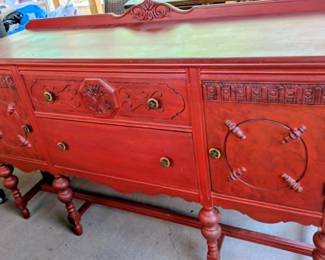 Vintage Wooden Sideboard with Carved Doors and Drawer