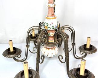Tuscan-Style 6-Arm Chandelier with Ceramic and Textured Iron Frame