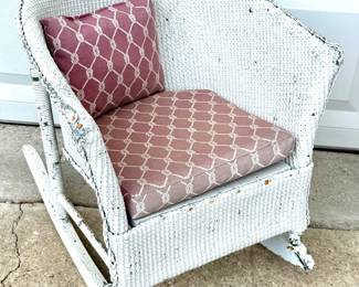 Antique White Wicker Child’s Rocking Chair with Cushions
