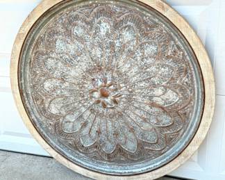 Large Round Medallion Wall Hanging - Wood Frame with Tin Design