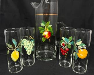 MCM West Virginia Glass Co. Pitcher and Collins Glass Set -Orchard Fruit Pattern