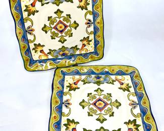 Set of 4 Maxcera "Green Talavera" Square Scalloped Salad Plates