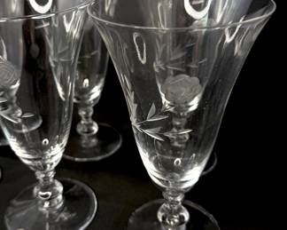Set of 8 Fostoria Glassware Etched Rose Water Goblets