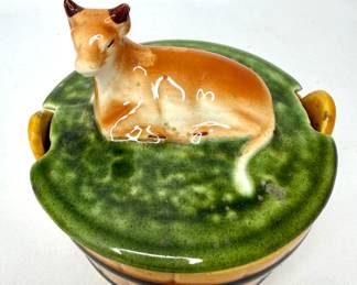 Vtg Secla Ceramic Lidded Butter Dish - Cow Resting on Barrel - Portugal