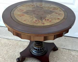 Vintage Round Pedestal Accent Table with Intricate Floral Inlay