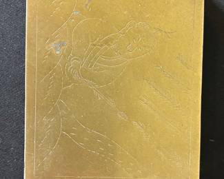 Vintage Chinese Etched Brass Wood-Lined Cigarette Box with Figural Scene