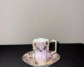 Vintage Japanese Lusterware Demitasse Cup and Saucer with Raised Floral Design