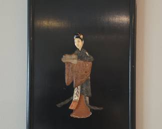 Vintage Chinese Black Lacquer and Soapstone Wall Plaques - Fisherman and Woman