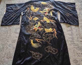 Vintage Chinese Black Silk Dragon Embroidered Robe