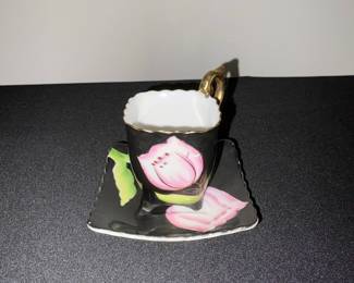 Saji Fancy China Occupied Japan Demitasse Cup and Saucer with Pink Tulips