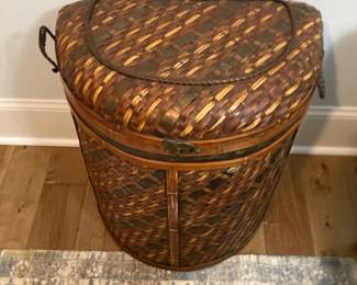 Vintage Woven Rattan Laundry Hamper with Metal Trim