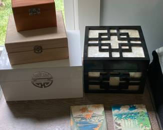 Collection of Asian-Style Decorative Boxes and Ukiyo-e Coasters