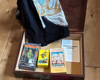 Vintage Tarot Card Collection in Wooden Keepsake Box with Morgan-Greer, Ukiyoe, and Oswald Wirth Decks