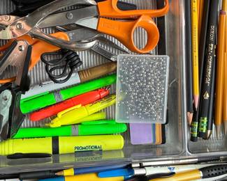 Assorted Office Supply Desk Organizer Lot with Fiskars Scissors and Dixon Ticonderoga Pencils