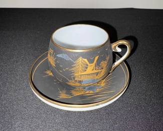 Vintage Japanese Black and Gold Lithophane Teacup and Saucer Set