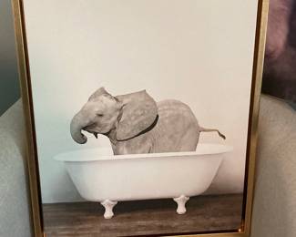 Kate and Laurel Sylvie Baby Elephant in the Tub Color Framed Canvas Wall Art by Amy Peterson Art Studio, 18x24