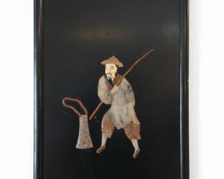 Vintage Chinese Black Lacquer and Soapstone Wall Plaques - Fisherman and Woman