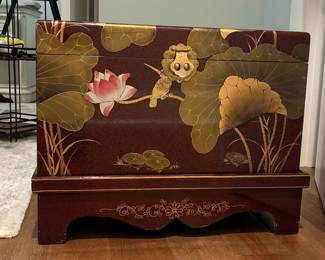 Vintage Chinese-Style Lacquered Storage Chest with Lotus and Bird Motif