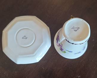 Vintage Leneige Porcelain Teacup and Saucer with Violets