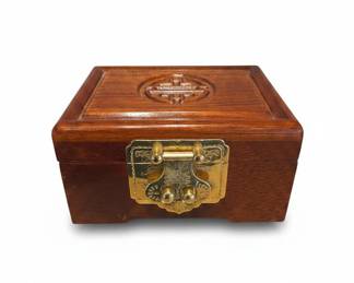 Vintage Chinese Rosewood Jewelry Box with Shou Symbol and Brass Hardware