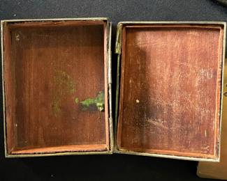 Vintage Chinese Etched Brass Wood-Lined Cigarette Box with Figural Scene