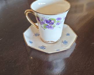Vintage Leneige Porcelain Teacup and Saucer with Violets