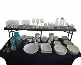 Mixed Glassware and White Dinnerware Lot