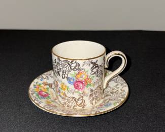 vintage Lord Nelson Ware demitasse cup and saucer set in the "Rose Time" (Pattern 2528) chintz design