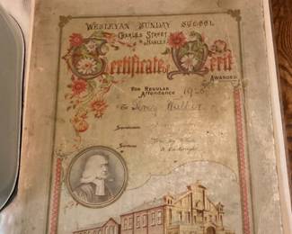 1928 Wesleyan Sunday School Certificate of Merit