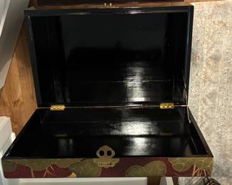 Vintage Chinese-Style Lacquered Storage Chest with Lotus and Bird Motif