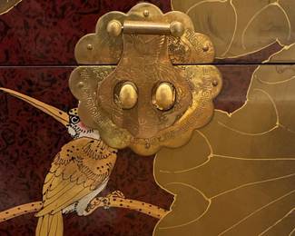 Vintage Chinese-Style Lacquered Storage Chest with Lotus and Bird Motif