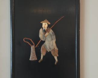 Vintage Chinese Black Lacquer and Soapstone Wall Plaques - Fisherman and Woman