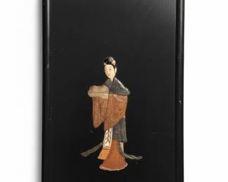 Vintage Chinese Black Lacquer and Soapstone Wall Plaques - Fisherman and Woman