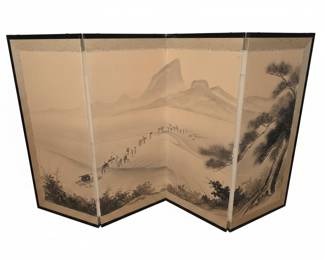 Japanese Four-Panel Byobu Folding Screen with Landscape Scene