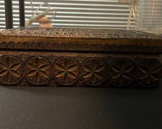 Vintage Hand-Carved Wooden Jewelry Box with Geometric and Floral Motifs